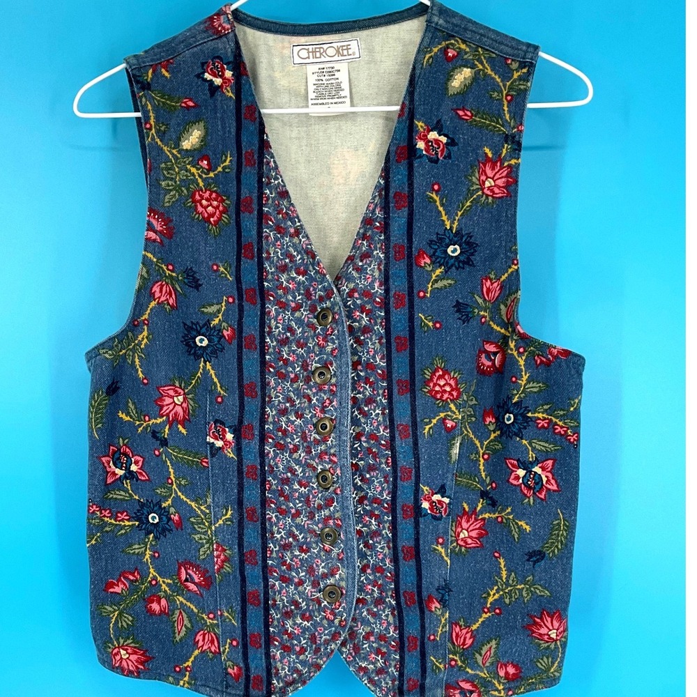 Cherokee Floral Denim Vest Women's Small Button Front 90s Western Cottage